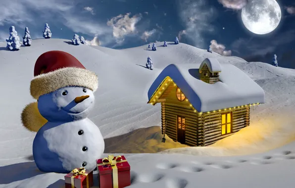 Winter, light, snow, house, the moon, graphics, gifts, snowman