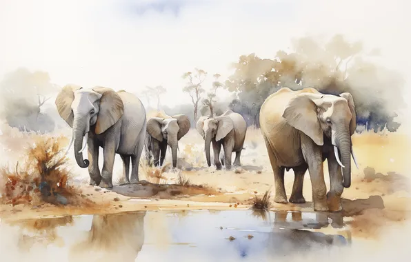 Water, shore, elephant, watercolor, Savannah, walk, painting, elephants