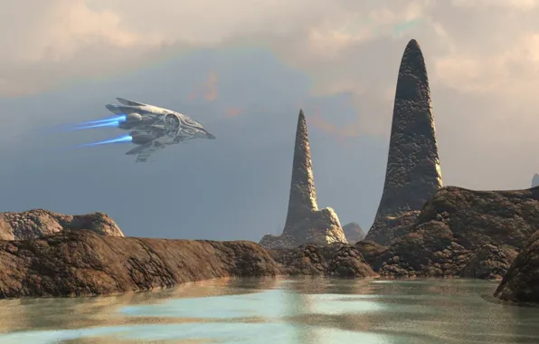 Sky, water, clouds, rocks, spaceship, contest starter