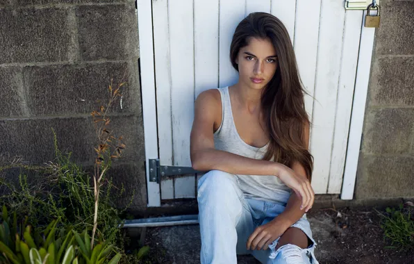 Girl, beautiful, model, jeans, sweet, long-haired, tank top, ripped