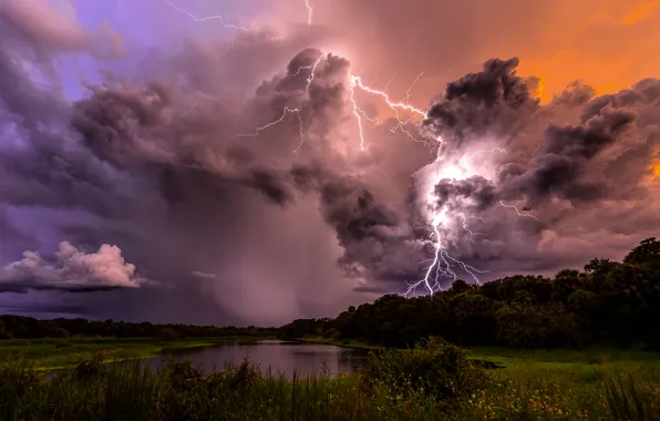 The sky, clouds, trees, clouds, storm, nature, lake, zipper