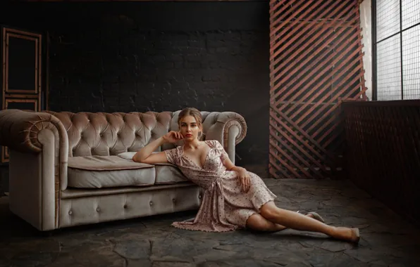 Picture girl, pose, photo, room, sofa, model, figure, dress