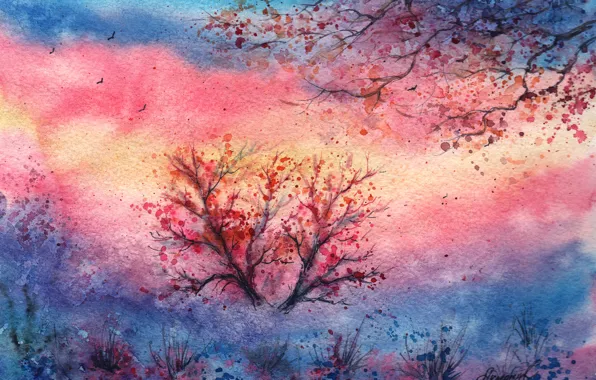 Leaves, birds, tree, the wind, the evening, watercolor, the bushes, painted landscape