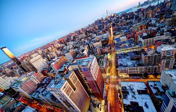 Road, the city, lights, building, New York, skyscrapers, the evening, roof