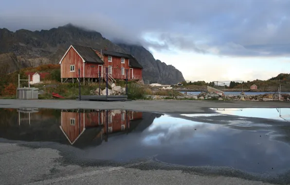 Picture clouds, house, Norway, after the rain, puddles, Lofoten