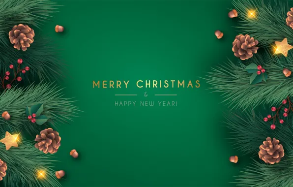 Picture new year, Christmas, banner, needles, green background
