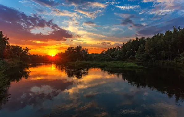 The sky, trees, sunset, reflection, river, Paul Sahaidak, the Ural river