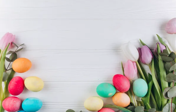 Flowers, eggs, colorful, Easter, tulips, wood, pink, flowers