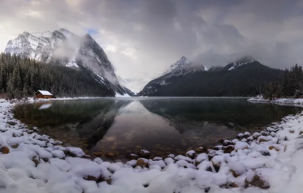 Winter, frost, forest, clouds, snow, mountains, lake, reflection