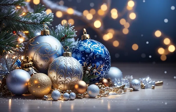 Winter, snow, decoration, balls, tree, New Year, Christmas, golden