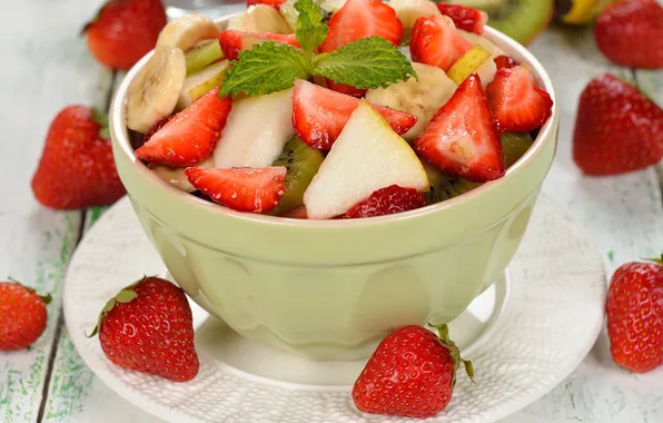Picture Apple, kiwi, strawberry, banana, mint, salad