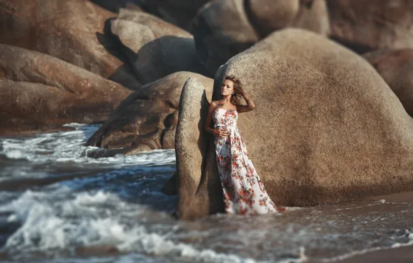 Picture sea, girl, the sun, rocks, the wind, shore, model, hair