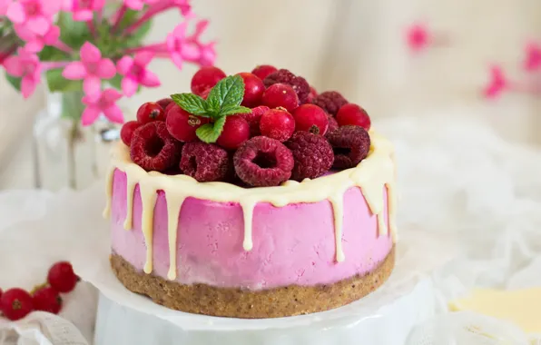 Flowers, raspberry, currants, glaze, cheesecake