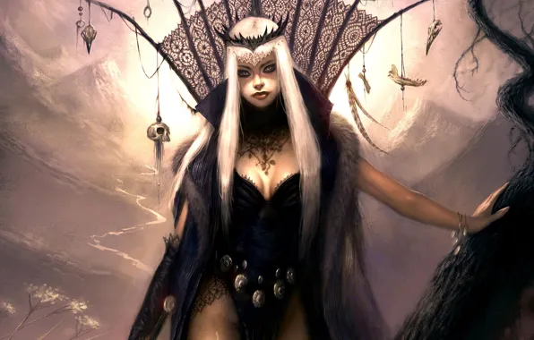 Girl, river, tree, woman, skull, art, fantasy, Queen