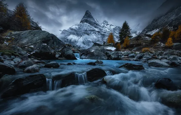 Winter, autumn, snow, trees, mountains, clouds, river, stones