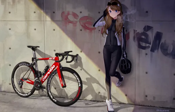 Picture girl, bike, wall, bottle, anime, art, glasses, helmet
