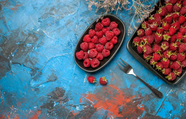 Berries, raspberry, tray, blue background, blue background