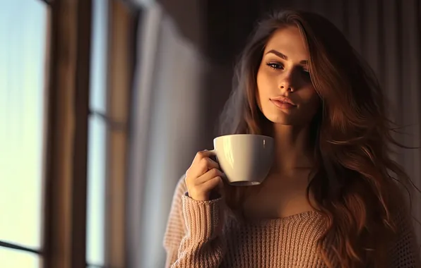 Look, girl, room, tea, makeup, brunette, window, mug