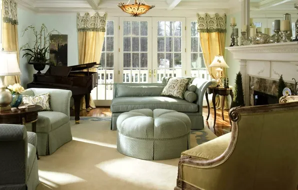 Interior, piano, balcony, fireplace, living room, Luxury, Interior, Classic English Style