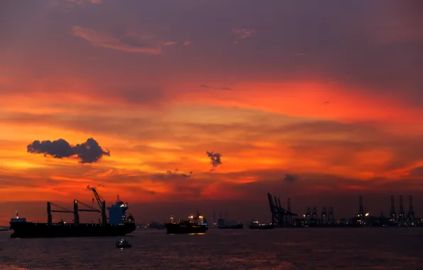 Landscape, sunset, ships, port