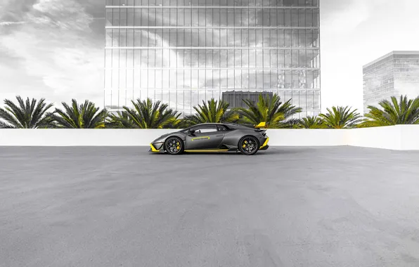 Car, city, Lamborghini, sky, clouds, black cars, Lamborghini Huracan, two tone car