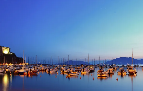 Lights, castle, Bay, boats, Italy, Lerici