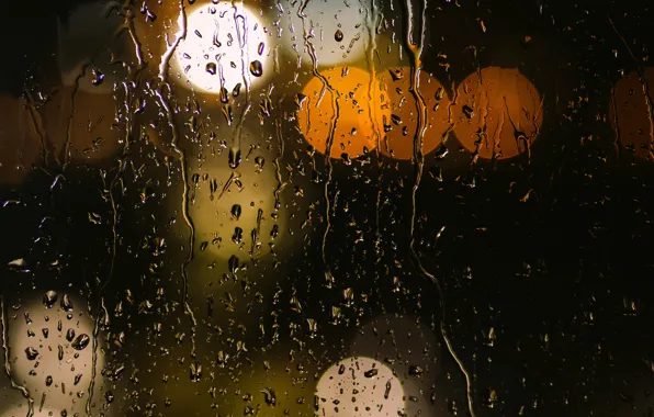 Glass, water, drops, macro, lights, rain, yellow, orange