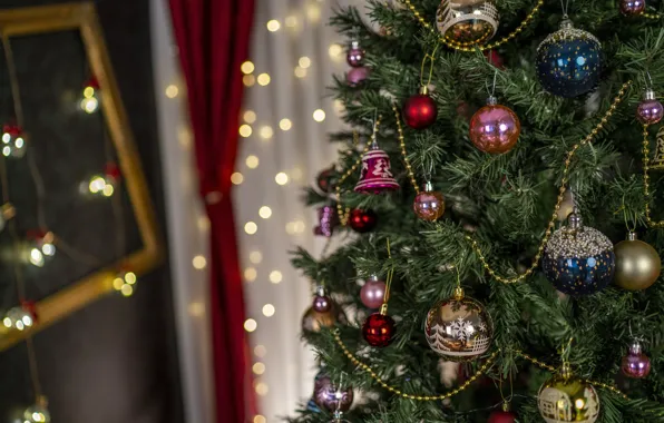 Picture winter, balls, lights, room, holiday, toy, tree, new year