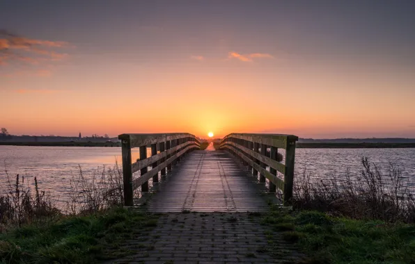 Summer, the sky, grass, the sun, clouds, sunset, bridge, river