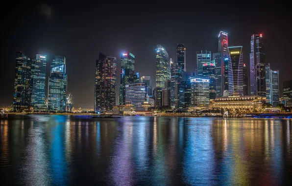 Night, the city, lights, building, skyscrapers, backlight, Singapore