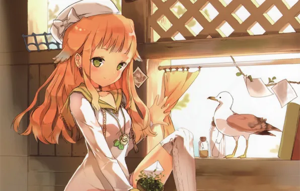Seagull, girl, red hair, takes, green eyes, window, by Anmi