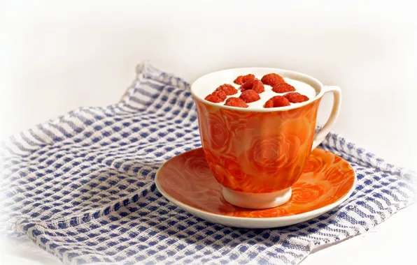 Picture orange, berries, raspberry, tea, Cup, drink, napkin