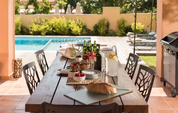 Villa, food, beer, bread, fruit, vegetables, terrace, olives
