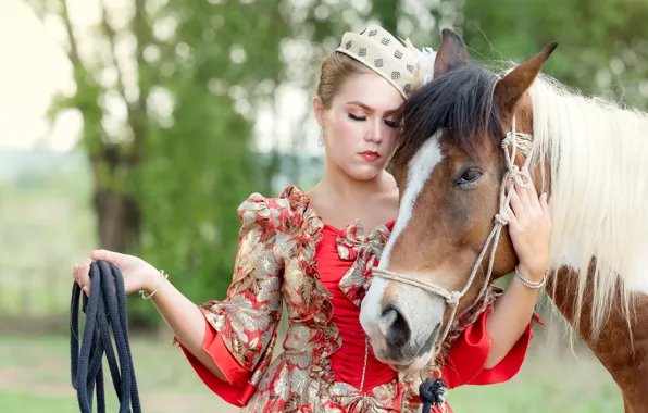 Girl, nature, horse, horse, pony, red dress