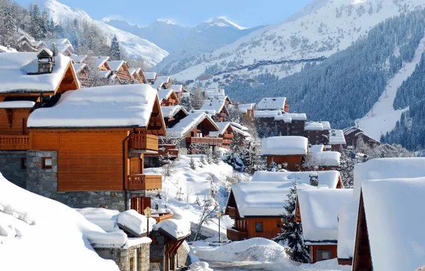 Picture winter, snow, mountains, the city, France, ski resort, Meribel
