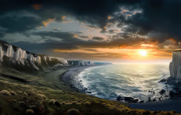 Sea, wave, the sky, the sun, landscape, sunset, mountains, clouds