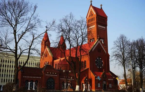The sky, trees, Belarus, Minsk, Belarus, Minsk, the Catholic Church of Symon and Alena, red …