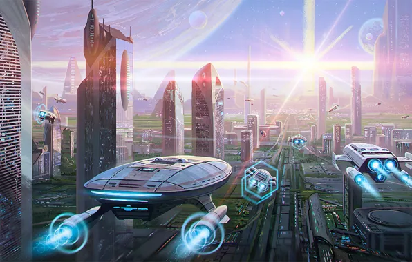 The city, fiction, transport, planet, skyscrapers, megapolis, art, the world of the future