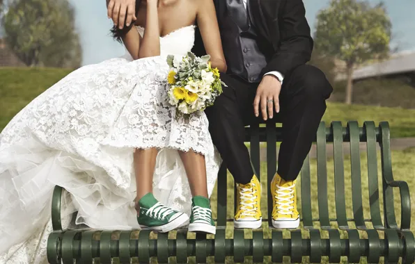 Picture bench, sneakers, bouquet, dress, the bride, the couple, the groom