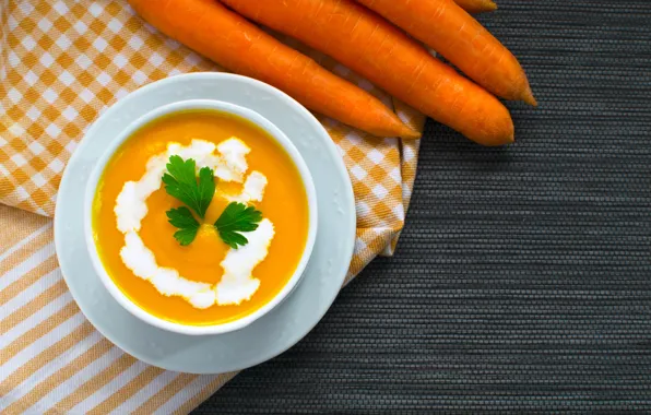 Greens, carrots, sour cream, soup, The first dish