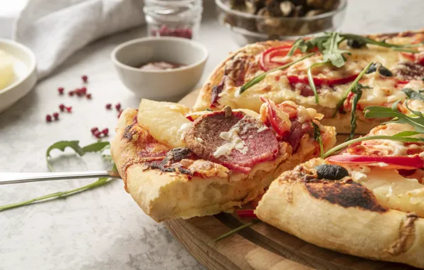 Table, vegetables, pizza, sausage, piece