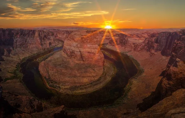 The sky, the sun, clouds, sunset, river, rocks, height, Colorado