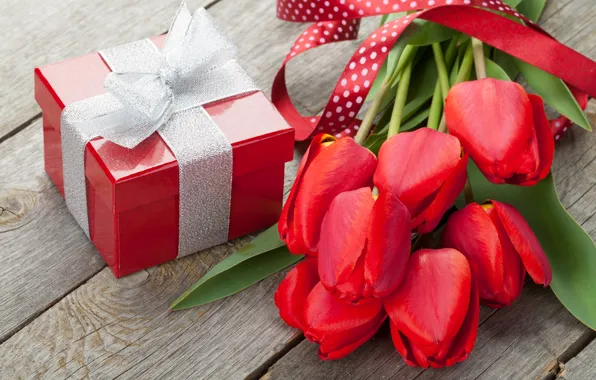 Flowers, gift, bouquet, tulips, red, red, wood, flowers