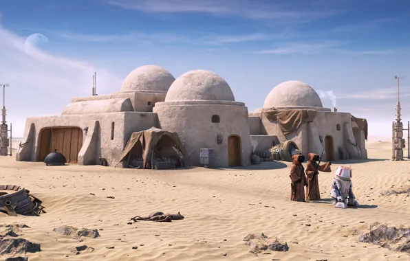 Picture robot, creatures, buildings, Return to Tatooine