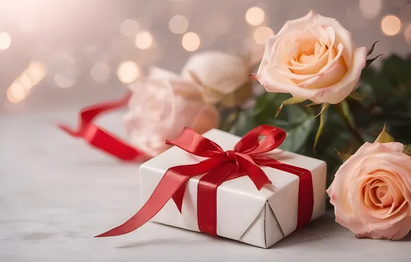 Flowers, holiday, gift, roses, bouquet, bow, March 8, Valentine's Day