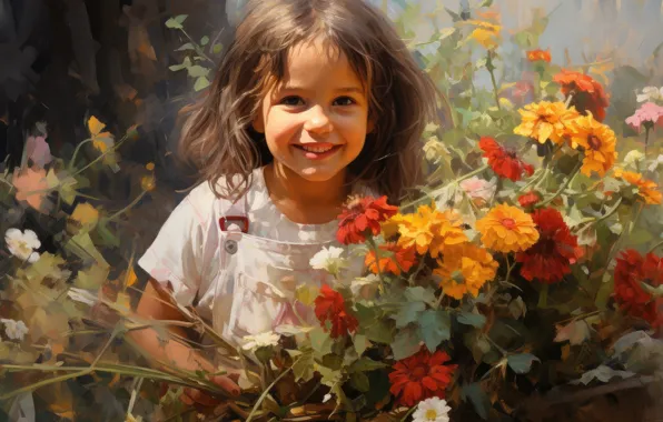 Summer, look, flowers, close-up, smile, child, picture, garden
