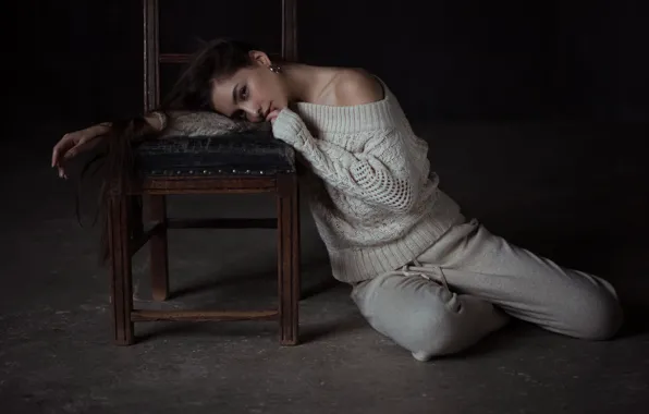 Pose, mood, chair, long hair, on the floor, sweater, Andrey Firsov, Darina Dashkina