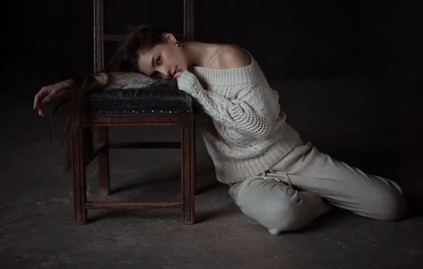 Picture pose, mood, chair, long hair, on the floor, sweater, Andrey Firsov, Darina Dashkina