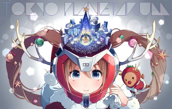 Girl, balls, smile, holiday, new year, Christmas, anime, deer