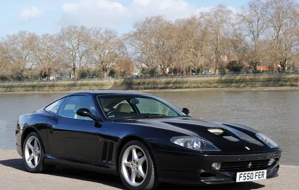 Trees, river, black, Ferrari 550, Ferrari 550 Maranello, Maranello